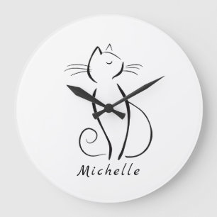 Grande Horloge Ronde Minimalist black cat on white add name
