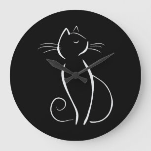 Grande Horloge Ronde Minimaliste Chat Blanc Sur Noir Ajouter Nom