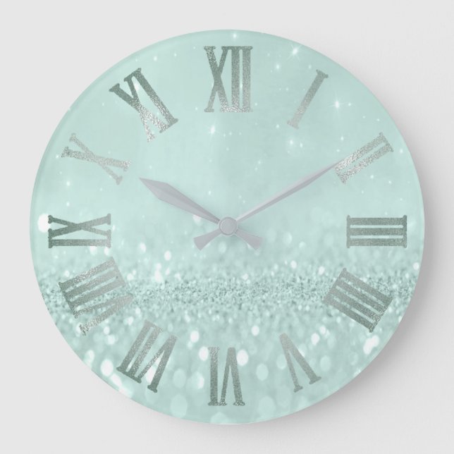 Grande Horloge Ronde Mint Green Pastel Parties scintillant Gris Métal R (Recto)