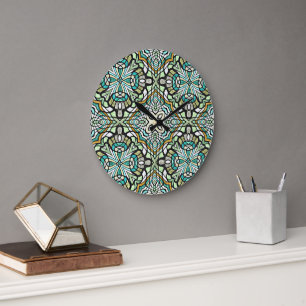 Grande Horloge Ronde Mint Vert Turquoise Hip Bohemian Bali Art Motif