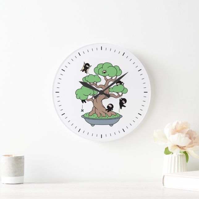 Grande Horloge Ronde Minuscules Ninjas dans l'arbre de Bonsai (Maison)