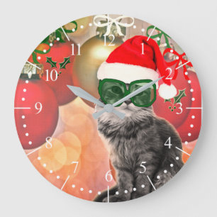 Grande Horloge Ronde Mode Chat de Noël avec Casquette du Père Noël