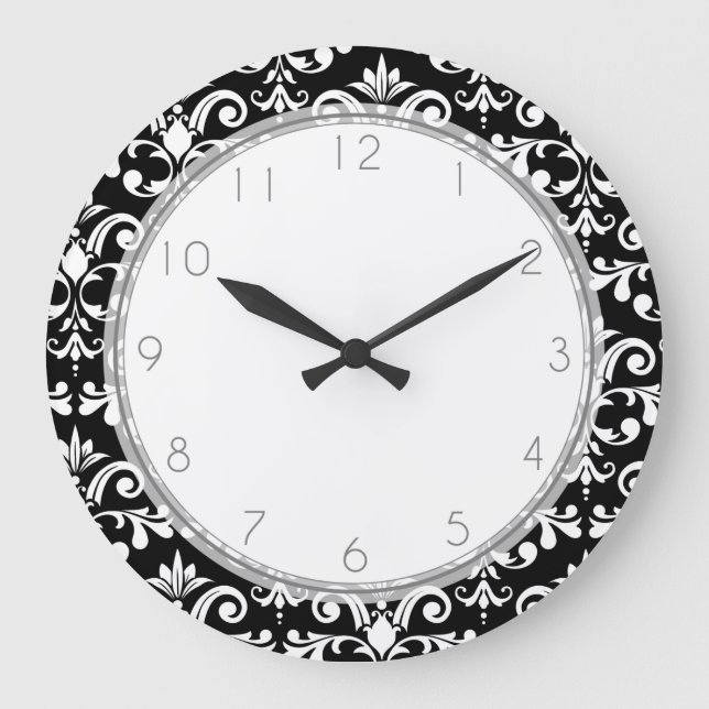 Grande Horloge Ronde Modèle Damas noir et blanc (Recto)