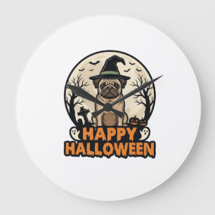 Grande Horloge Ronde Modèle de T-shirt Vintage Pug Joyeux Halloween Cha