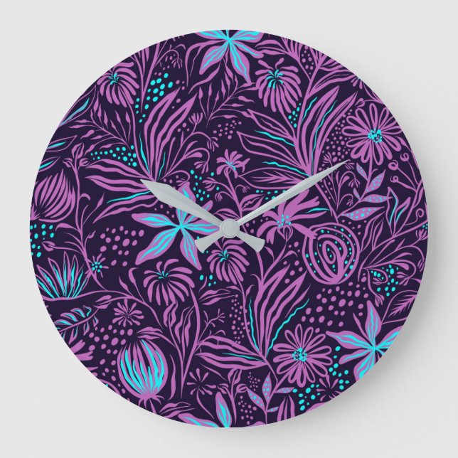 Grande Horloge Ronde Modern Dark Purple Floral Pattern (Recto)