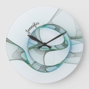 Grande Horloge Ronde Moderne Abstrait Fractale Bleu Turquoise Gris Nom