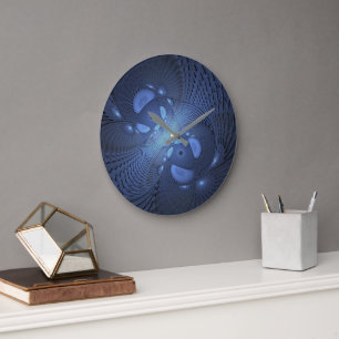 Grande Horloge Ronde Moderne Abstrait tendance Dusk Blue Fractal Art