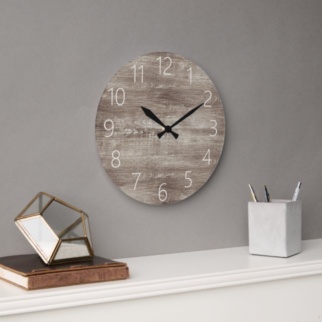 Grande Horloge Ronde Moderne Black Farmhouse Chic Faux Motif Woodgrain (Bureau)