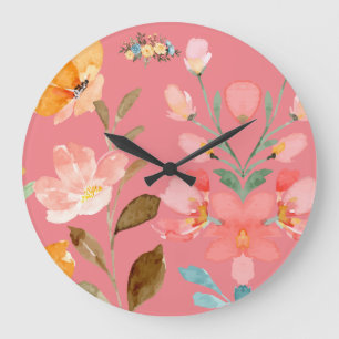 Grande Horloge Ronde  Moderne Élégant Aquarelle Rose 