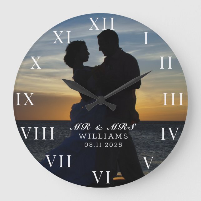 Grande Horloge Ronde Moderne Élégant Photo Nouvellement Mariés Mariage (Recto)