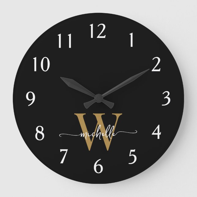 Grande Horloge Ronde Moderne Élégante Écriture de Nom Monogramme Noir O (Recto)
