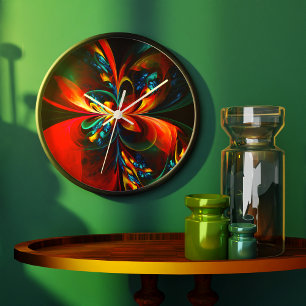 Grande Horloge Ronde Moderne Floral Abstrait Art Orange Bleu Motif #14