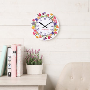 Grande Horloge Ronde Moderne Simple Personnalisé Nom de famille Aquarel