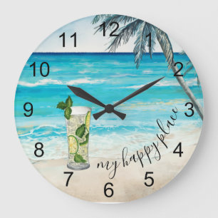 Grande Horloge Ronde Mojito Cocktail Plage Endroit heureux Aquarelle