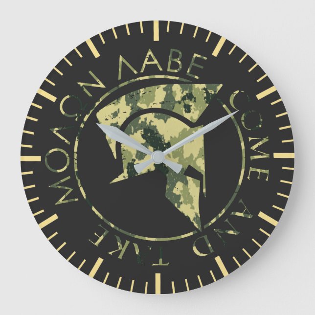 Grande Horloge Ronde Molon Labe Casque spartiate Camo militaire  (Recto)