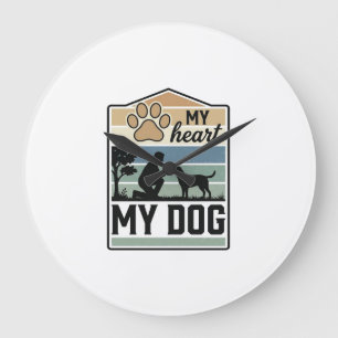 Grande Horloge Ronde Mon cœur Mon chien Gravure vintage Design pour ama