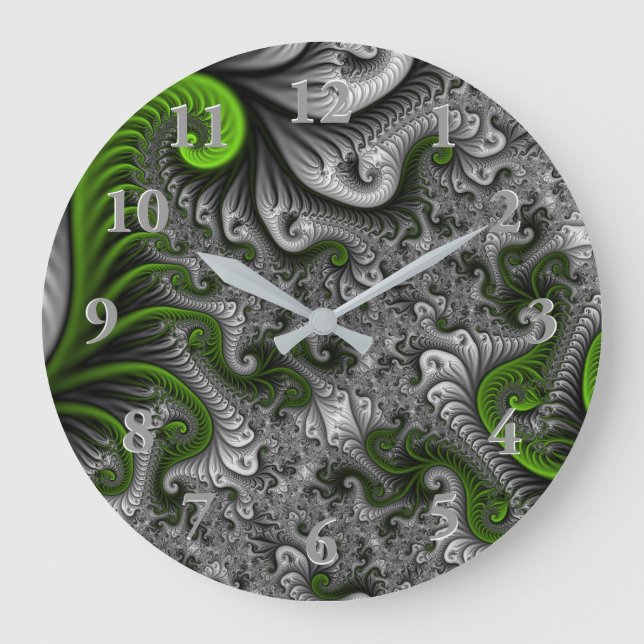 Grande Horloge Ronde Monde Fantastique Art Fractal Abstrait Vert Et Gri (Recto)