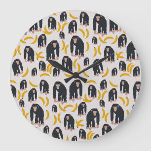 Grande Horloge Ronde Monkey Chimpanzee & Banana Pattern