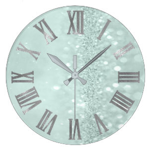 Grande Horloge Ronde Monnaie Vert Argent Parties scintillant gris chiff