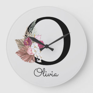 Grande Horloge Ronde Monogram Pink Boho Girly Floral Initial O