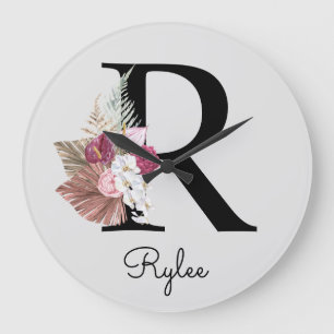Grande Horloge Ronde Monogram Pink Boho Girly Floral Initial R