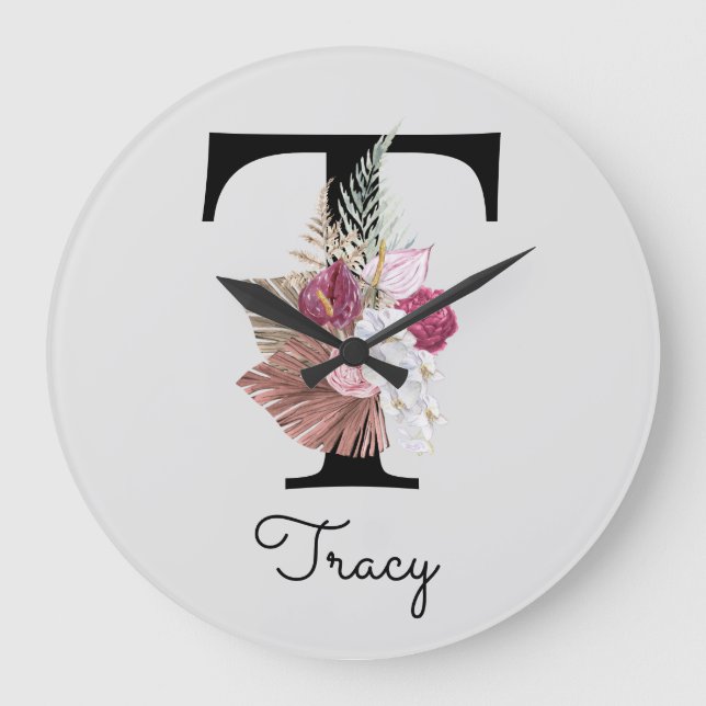 Grande Horloge Ronde Monogram Pink Boho Girly Floral Initial T (Recto)