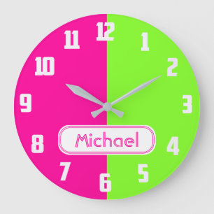 Grande Horloge Ronde Monogram vert moderne de Bright Neon Pink