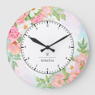 Grande Horloge Ronde Monogramme Aquarelle Ombre Flore Vert rose