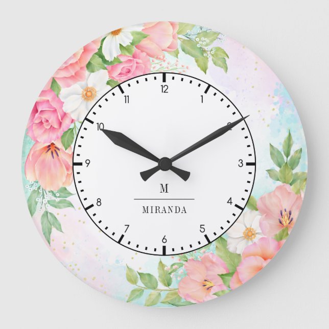 Grande Horloge Ronde Monogramme Aquarelle Ombre Flore Vert rose (Recto)
