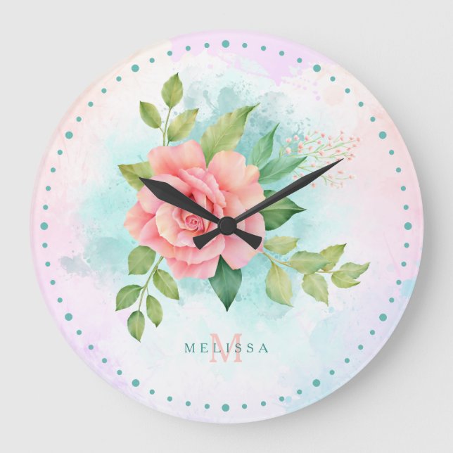 Grande Horloge Ronde Monogramme Aquarelle Turquoise Ombre Rose rose (Recto)
