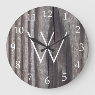 Grande Horloge Ronde Monogramme blanc en bois patiné