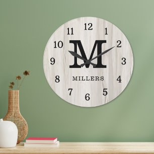 Grande Horloge Ronde Monogramme Bois Naturel Rustique Lumière Nom de Fa