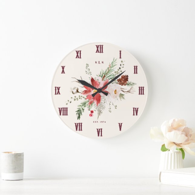 Grande Horloge Ronde Monogramme cadeau de Noël Poinsettia Noël (Maison)