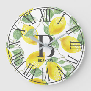 Grande Horloge Ronde Monogramme de citrons à l'aquarelle de campagne