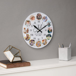 Grande Horloge Ronde Monogramme de collage de photos de famille de ferm