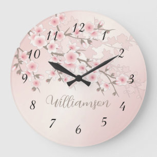 Grande Horloge Ronde Monogramme de fleurs de cerisiers d'abricot