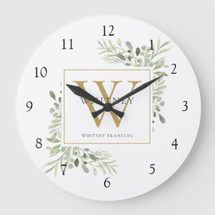 Grande Horloge Ronde Monogramme de nom de verdure d'aquarelle botanique