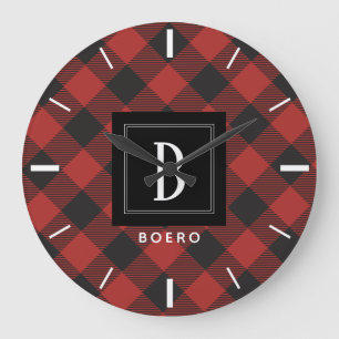 Grande Horloge Ronde Monogramme de plaid de Buffalo rouge et noir