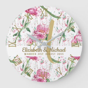 Grande Horloge Ronde Monogramme Doré Pivoines Roses Feuilles Vertes Jeu