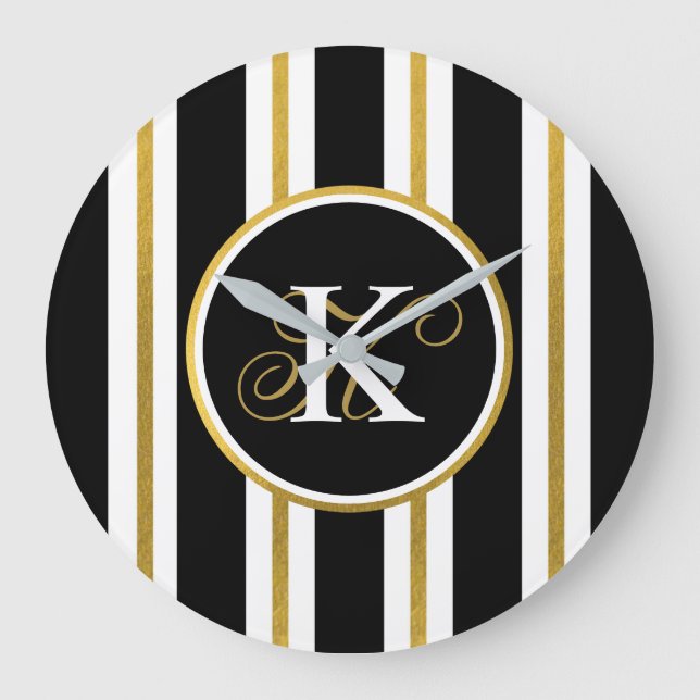 Grande Horloge Ronde Monogramme Elégant Noir & Or Personnalisé (Recto)