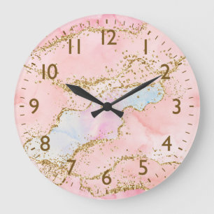Grande Horloge Ronde Monogramme en agate à paillettes rose et blanc et
