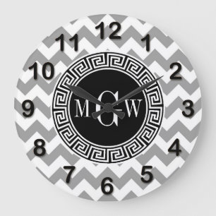 Grande Horloge Ronde Monogramme grec noir blanc gris de la clé 3 de