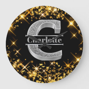 Grande Horloge Ronde Monogramme initial d'argent C personnalisé Votre n