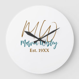 Grande Horloge Ronde Monogramme marron bleu turquoise année simple mini
