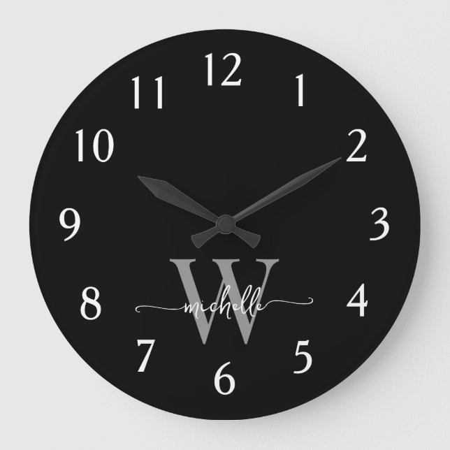 Grande Horloge Ronde Monogramme moderne Elegant Black Grey Nom Script (Recto)