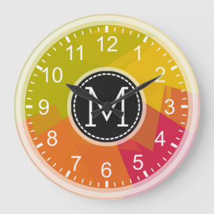 Grande Horloge Ronde Monogramme Moderne Mosaïque Jaune Citron Orange