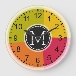 Grande Horloge Ronde Monogramme Moderne Retro Couleurs géométriques
