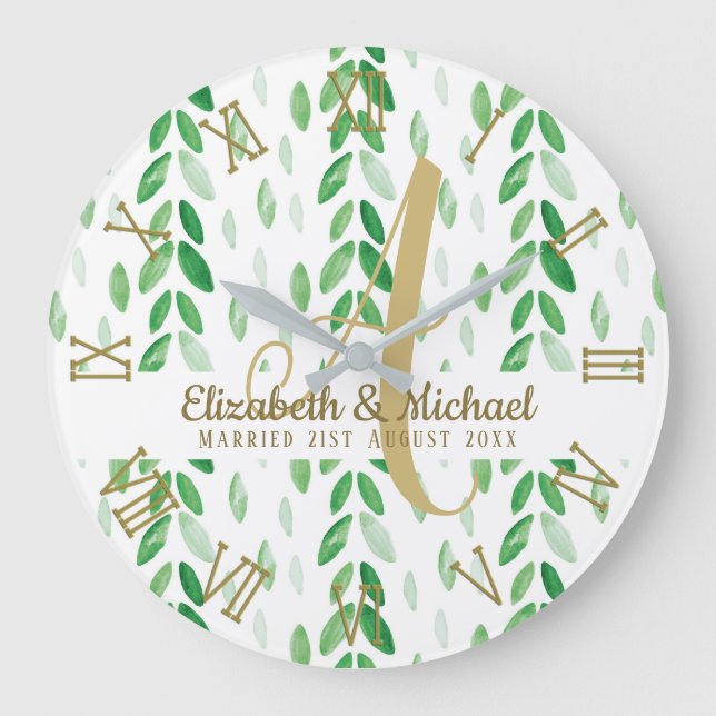 Grande Horloge Ronde Monogramme or Aquarelle botanique Verdure Mariage (Recto)