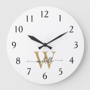 Grande Horloge Ronde Monogramme or blanc élégant moderne Script de nom