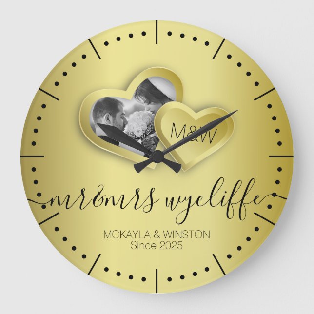 Grande Horloge Ronde Monogramme Or Valentine Papier Coupe Coeurs Photo (Recto)